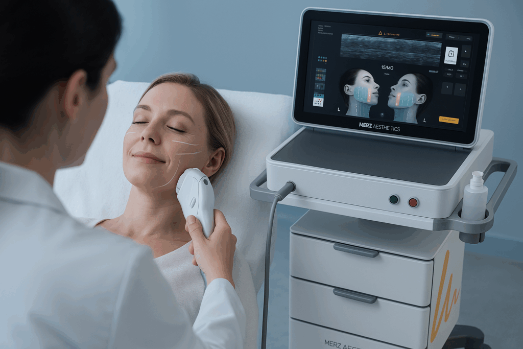 A patient receiving an authentic Ultherapy in Seoul treatment at one of the best skin clinics, showing the precise technology used for non-surgical facelifts in Korea.